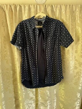 Navy Patterned Short Sleeve Button-Up Shirt/E053